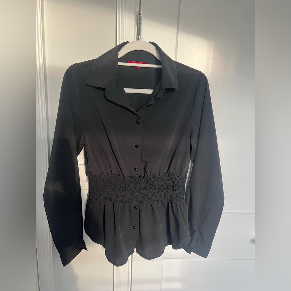 Guess Black Smocked Waist Button-Down Shirt